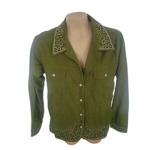 QUAKER FACTORY Green Denim Jacket Rhinestone Embellishments Button Front Women M